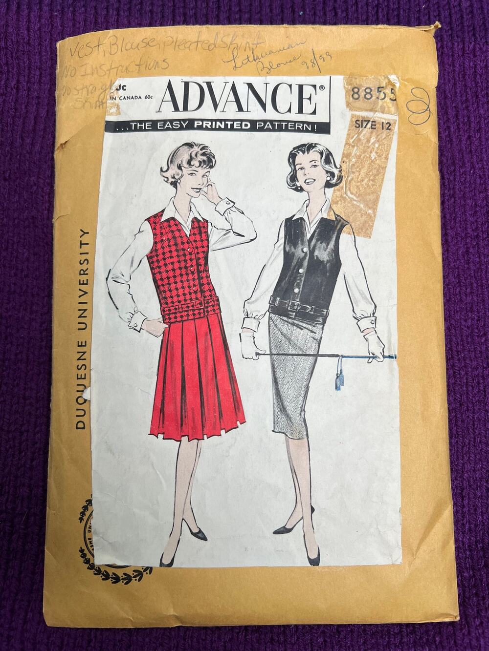 Advance 8855 vest blouse pleated skit 1950s